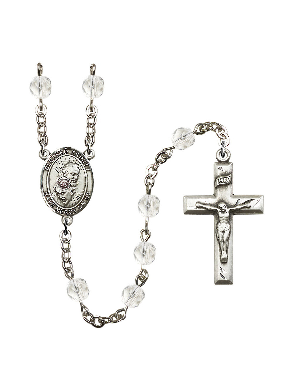 18-Inch Rhodium Plated Necklace with 4mm Rose Birthstone Beads and Sterling Silver Blessed Trinity Charm. 18-Inch Rhodium Plated Necklace with 4mm Rose Birthstone Beads and Sterling Silver Blessed Trinity Charm.